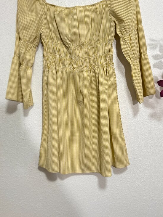 LULUS Lunch Date Mustard Yellow Gingham Bell Sleeve Mini Dress Medium - Picture 4 of 8